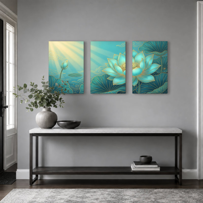 Toile de lotus bleu sarcelle avec contours dorés et rayons de soleil, ensemble de 3 toiles, 24"H x 16"W x 3pcs