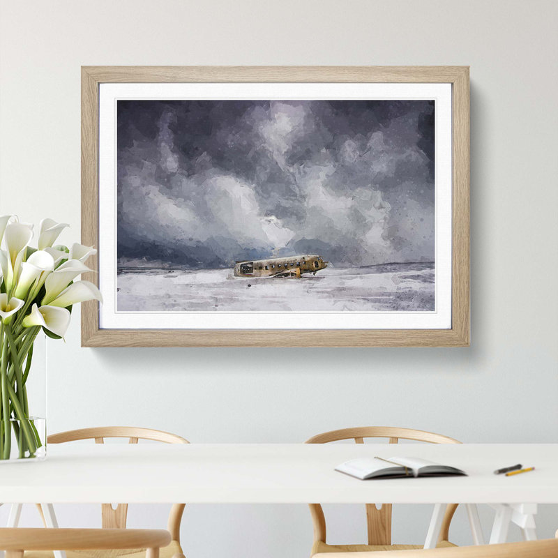 Solheimasandur Plane Wreck in Abstract - Framed Print, Oak Framed, 62cm H x 87cm W x 2cm D