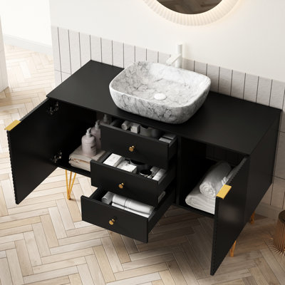 Armoire de rangement autoportante noire pour salle de bain 48 po avec lavabo, pieds doublés dorés et 3 tiroirs, 2 portes, comptoir en céramique frittée en marbre blanc, pieds de meuble-lavabo fonctionnels ornés de 48 po, tiroir