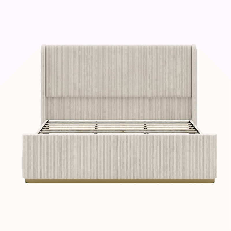 Très grande base de lit tapissier en velours côtelé avec repose-pieds de rangement de 130 L, tête de lit à oreilles et pied de lit à rayures verticales, gris clair