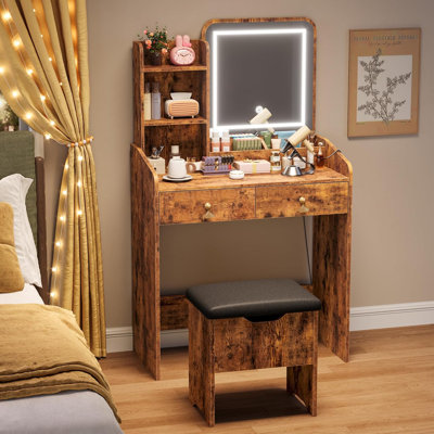 Vanity Desk with LED Light Mirror and Charging Station, Small Makeup Vanity Table Set with Storage Drawers & Chair