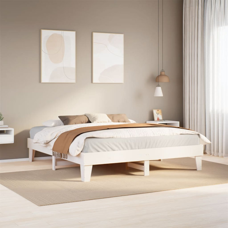 Solid Wood Bed, 200 x 200 cm, White