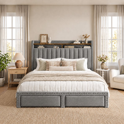 Francille Queen Size Upholstered Bed Frame with Rivet Decoration, 2 Underbed Drawers, 2-Tier Storage Headboard with Side Pockets, No Box Spring Needed