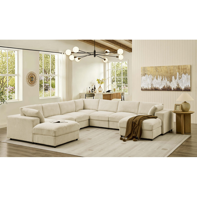 Canapé modulaire rembourré en velours Carforks, Velours côtelé beige
