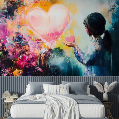 Murale abstraite «Heart and Girl» - Œuvre d'art affectif coloré, papier peint artistique moderne pour chambre à coucher ou espaces créatifs