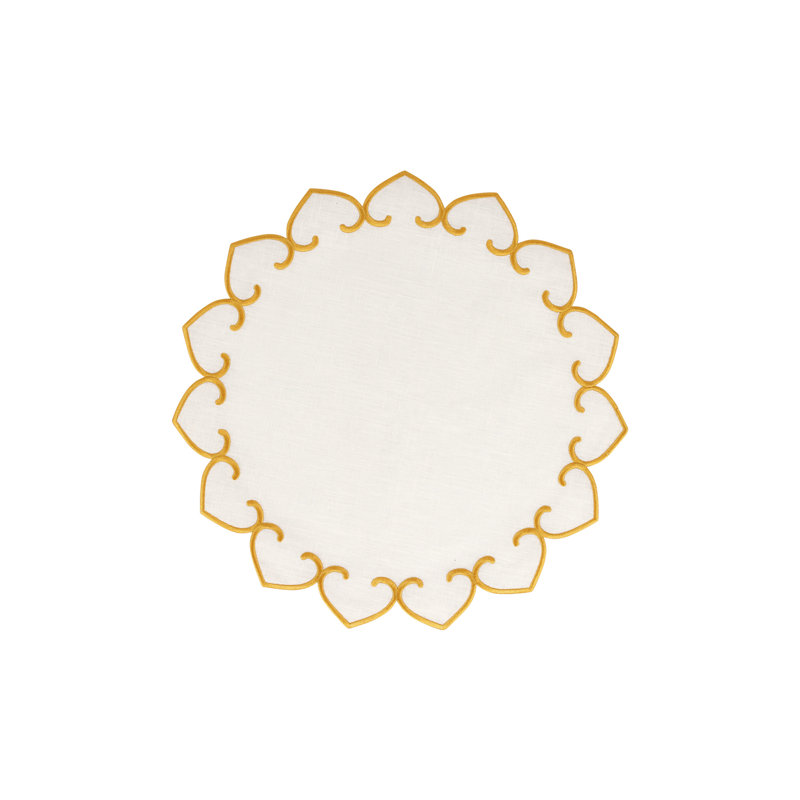 White Linen Round Placemats with Gold Stitching - Set of 4