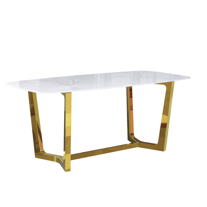 Luxury 70 Inch White Sintered Stone Dining Table With Brushed Bronze Base, Gold