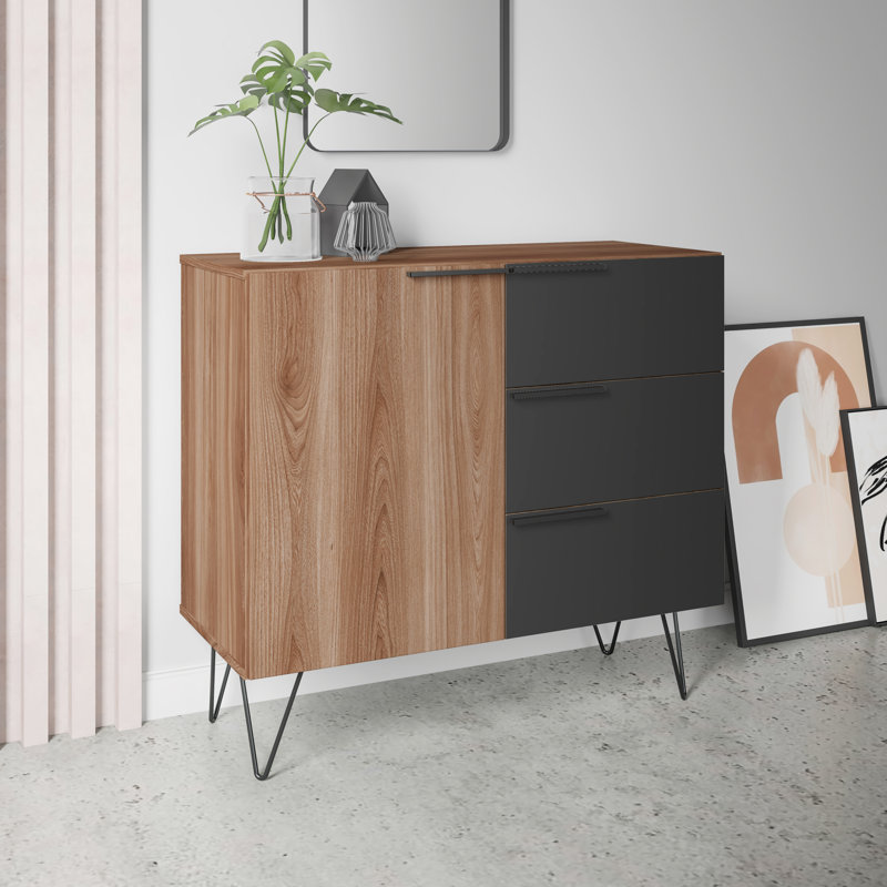 Beekman 35" Mid-Century Modern Sideboard with 3 Drawers and 2 Shelves in Brown and Black, Brown/Black