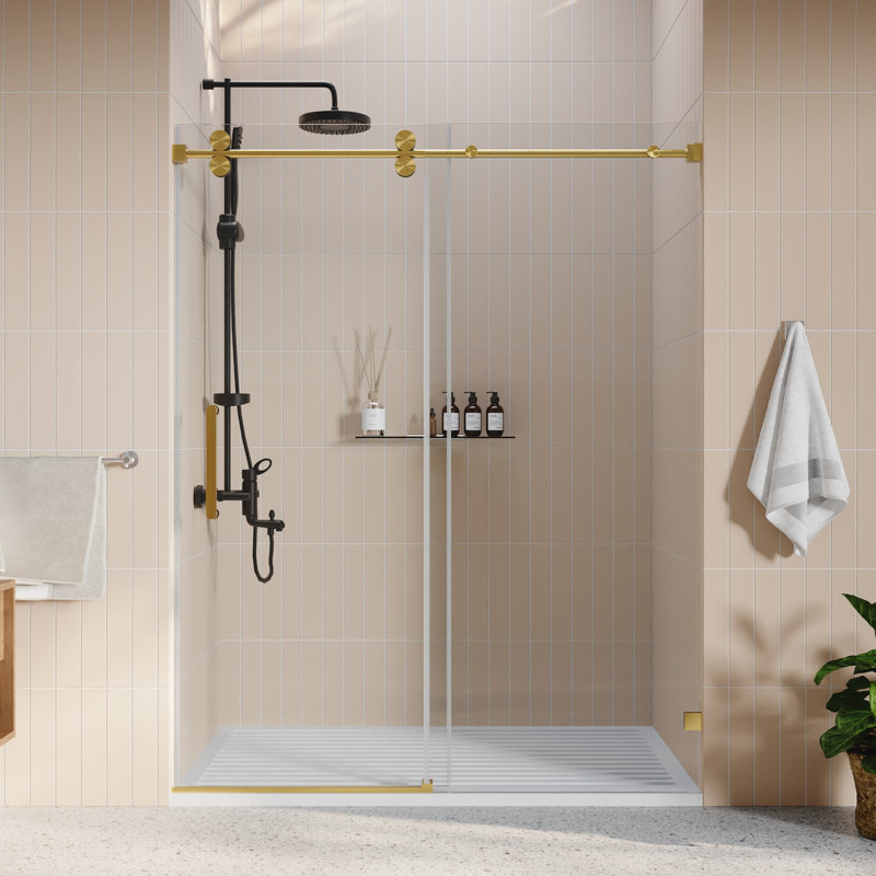 DeerValley 56" - 60" W x 76" H Single Sliding Frameless Shower Door with 3/8"(10mm) Tempered Glass, Stainless Steel Accessories
