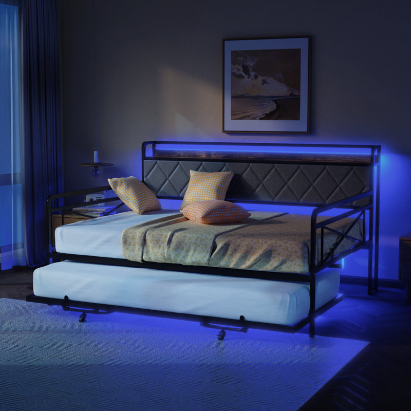 Black And Fabric Gray Full Daybed With Trundle Bed, Upholstered Day Bed With LED Light And Charing Station, Full, Black/Gray