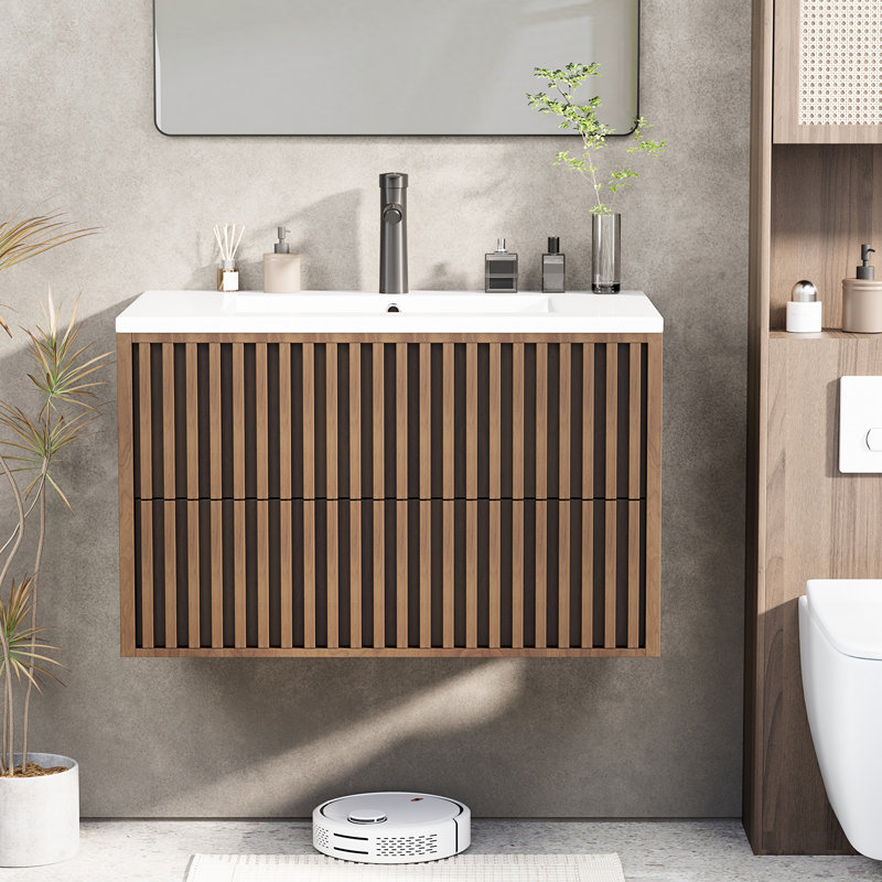 30" Floating Bathroom Vanity with Sink Combo – Wall-Mounted Cabinet with 2 Fluted Drawers, Silent Slides, Faucet, and Adjustable Drainpipe in Walnut