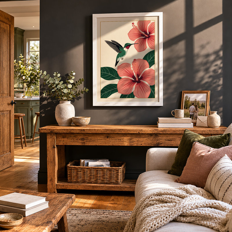 Hummingbird and Hibiscus Botanical - Framed Print, A1 - 84.1 x 59.4 cm, White