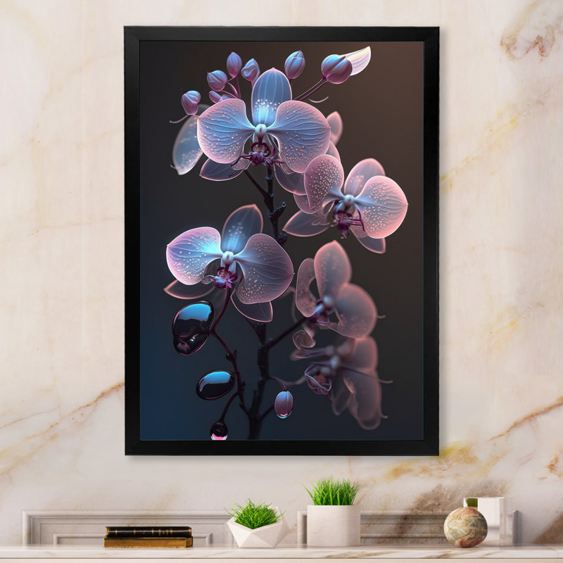 Orchidée blanche lumineuse avec lueur mauve III - reproduction sur toile, Toile avec cadre photo noir, L 30 po x H 40 po