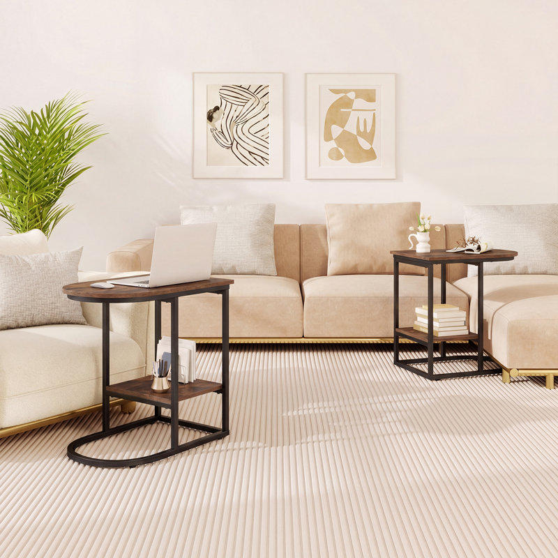 1 table d'appoint en C avec table de bout à 2 niveaux avec rangement, 1