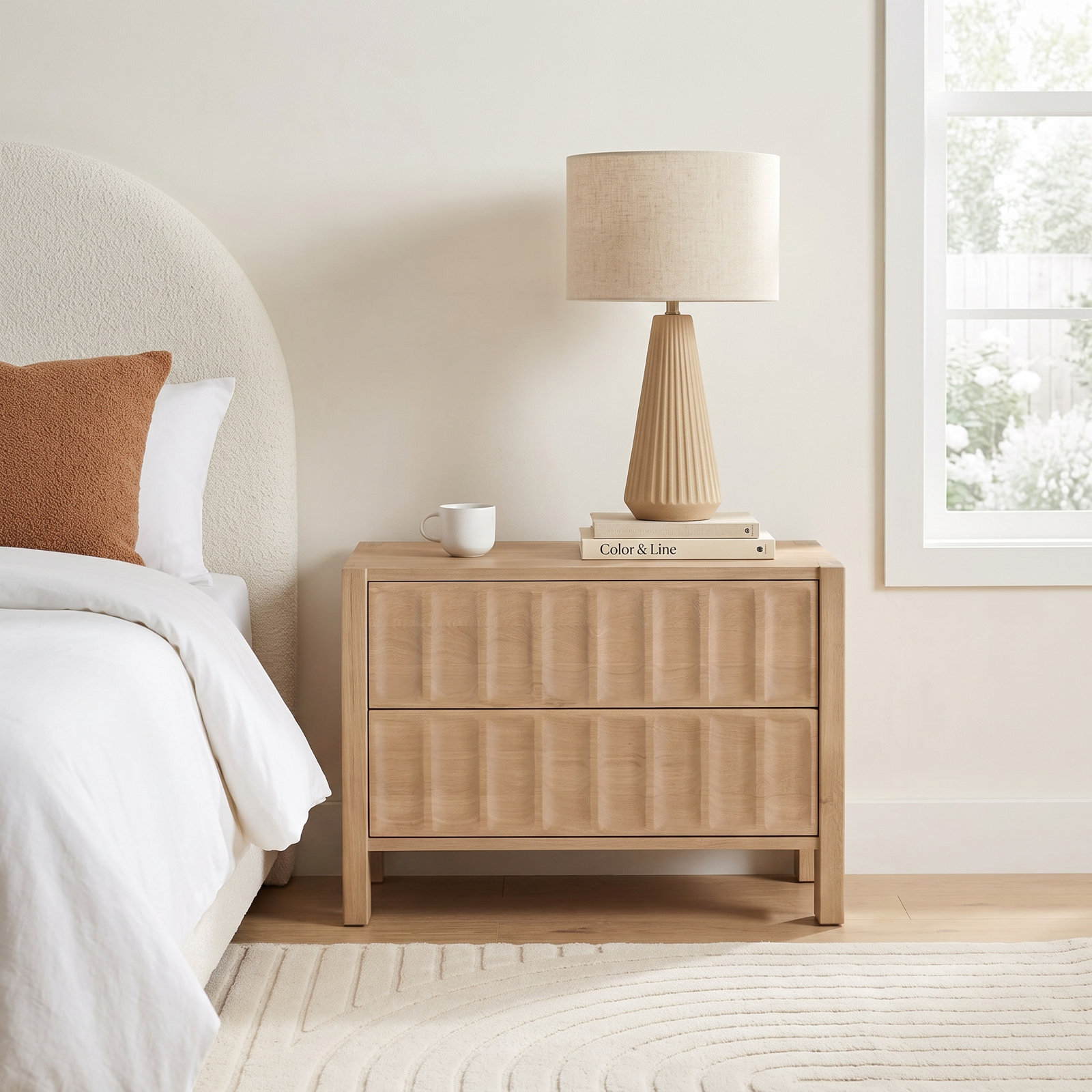 2-Drawer Wide Oak Nightstand, Brown