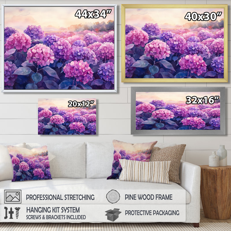 Dorethia Hydrangea Field At Dusk I - Hydrangea Wall Art, 30" H x 40" W, Black, Floater Framed Print