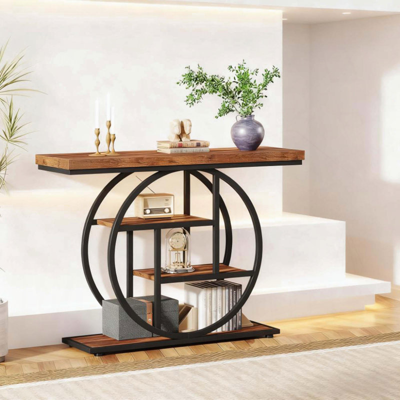 Industrial 4-Tier Console Table with Rustic Brown Finish
