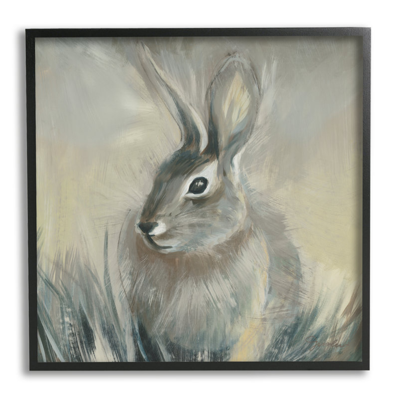 Portrait d'un lapin gris et jaune, Giclée encadrée noir minuit, L 17 po x H 17 po