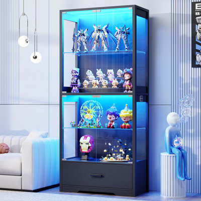  Display Cabinet with Glass Doors, 4-Tier Curio Cabinet with Drawer for Collectibles, Display Case with 3-Color Lights & Human Body Sensor, Storage Cabinets with Adjustable Glass Shelves, Black
