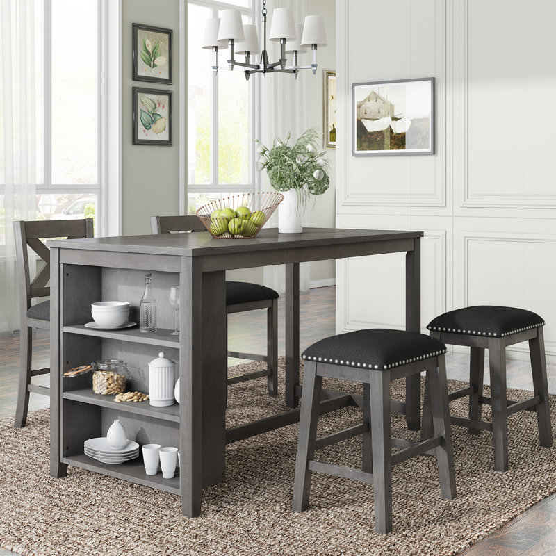 Ensemble de 5 tables de bar en bois à hauteur de comptoir avec 2 tabourets et 2 chaises, blanc, Gris, Gris, Gris