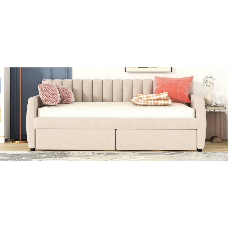 Lit de jour simple rembourré beige avec espace de rangement pratique et base de lattes de bois, Beige