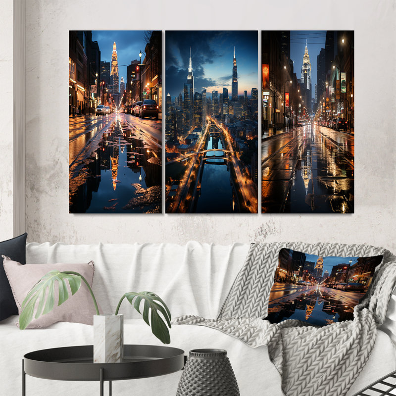 «Charlotte Cityscape At Night», 3 pièces sur toile, Toile tendue, H 40 po x l 60 po