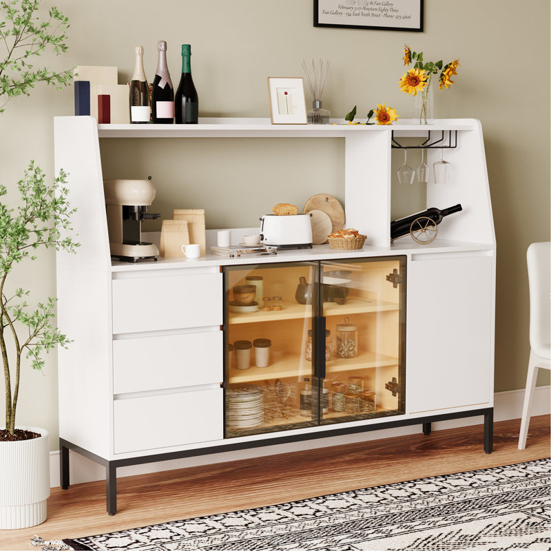 Buffet à grande capacité avec 3 tiroirs, porte en verre et porte-gobelet pour la vaisselle de cuisine