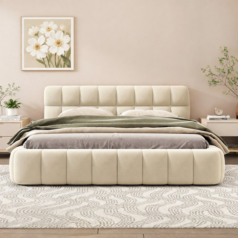 Queen Size Upholstered Platform Bed With Thick Fabric, Grounded Bed With Solid Frame, Beige