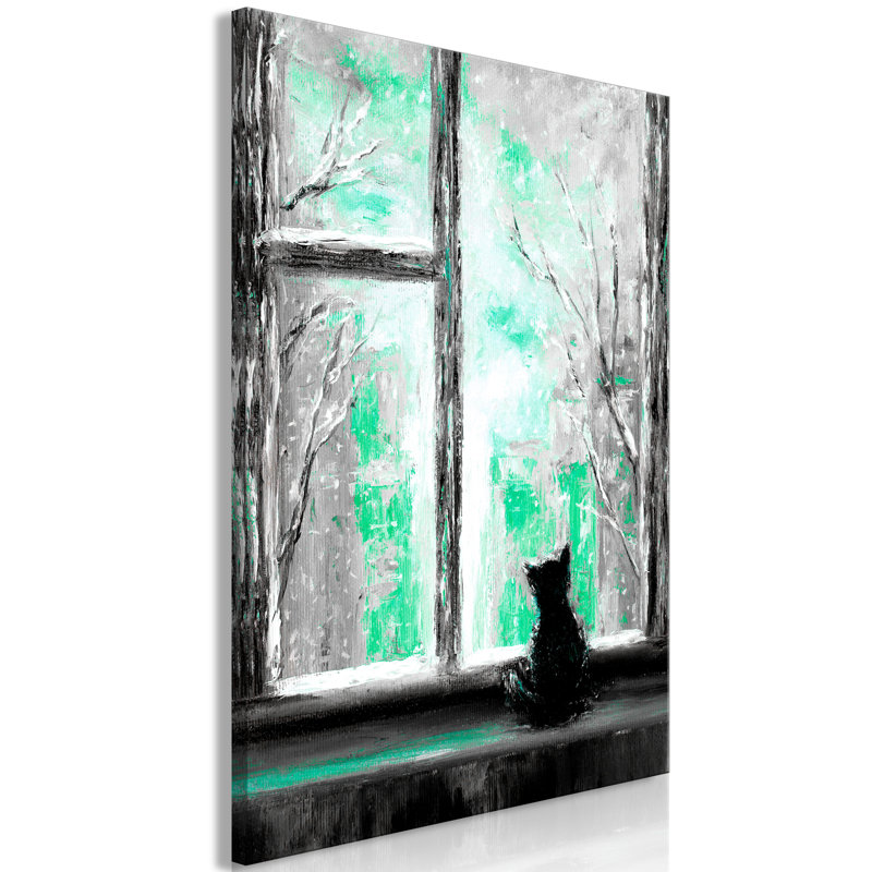 Longing Kitty - Painting on Canvas, 120cm H x 80cm W x 1.3cm D, Black/Green