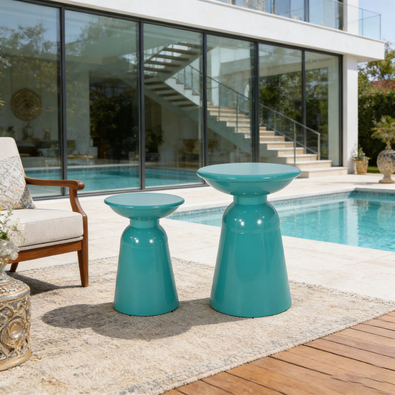 Outdoor Iron Side Tables with Flared Desig, Teal, 2