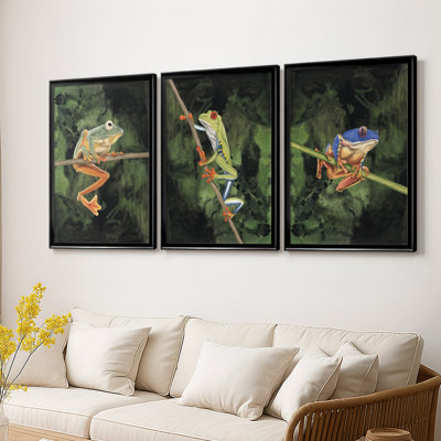 Watercolor Tree Frogs I  -Custom Framed  Wrapped Gallery Canvas - 3 Pieces