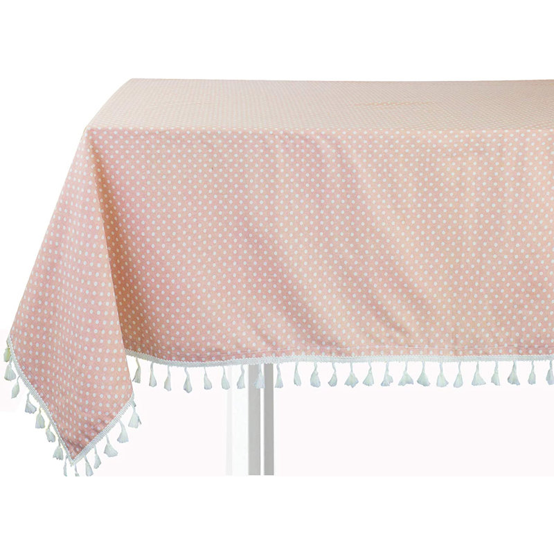 Polka Dots Tassel Cotton Blend Pink Tablecloth 55"W X 55"L