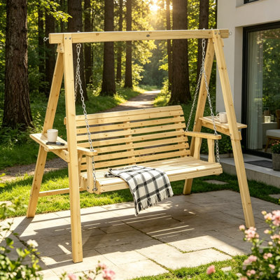 2-Seat Wooden Patio Swing with Stand, Side Tables, and Adjustable Metal Chains for Outdoor Relaxation