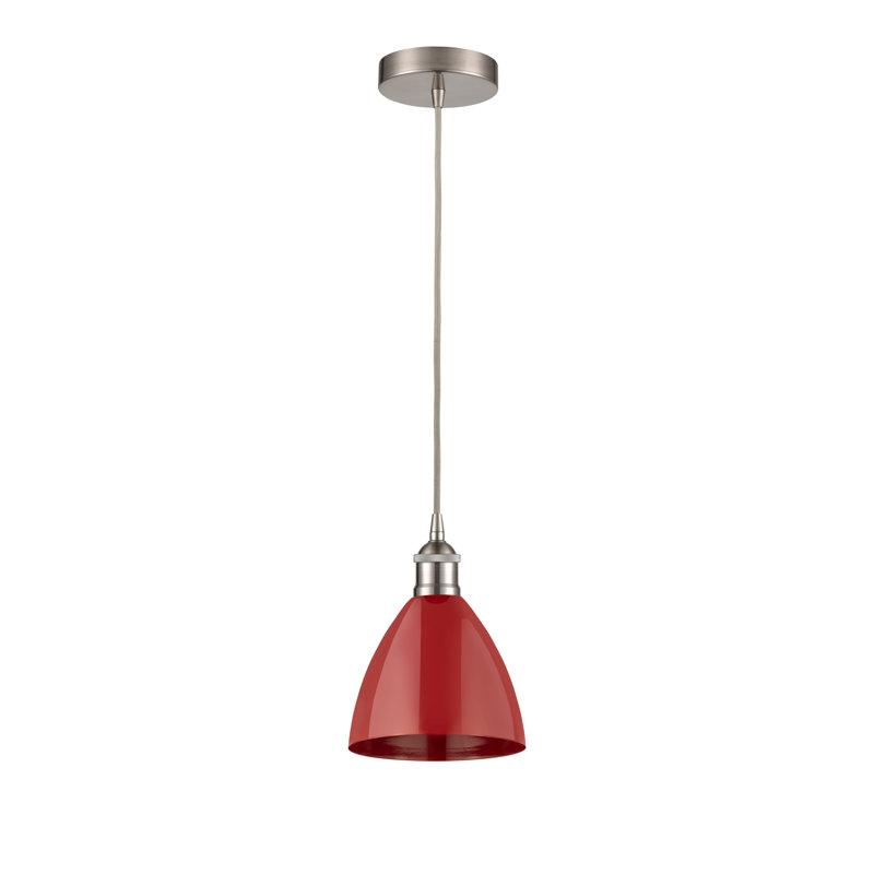 1 - Light Single Drop Pendant Pendant, Red, Brushed Satin Nickel, 11.25" H x 7.5" W x 7.5" D