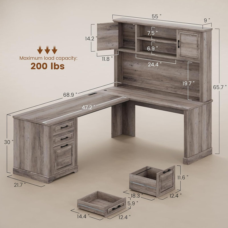 Farmhouse L Shaped Desk With Hutch And 3 Drawers, 68.9" Executive Office Desk With File Drawer And Power Outlet, Corner Computer Desk With Storage Shelves For Home Office,