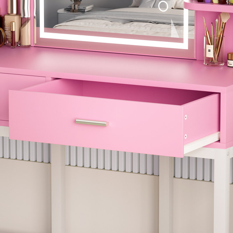 Coiffeuse de maquillage avec 2 tiroirs de rangement, bureau de coiffeuse avec miroir et lumières, Rose