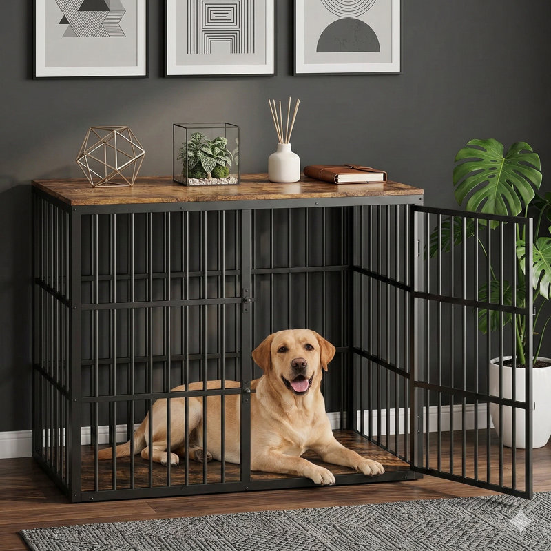 Cage pour chien extra-large avec trois portes verrouillables de 122 cm, conception trois-en-un avec cadre mÃ©tallique robuste et panneaux en bois, pouvant servir de table d'appoint pour les chiens de taille moyenne Ã  grande, finition brune et noire