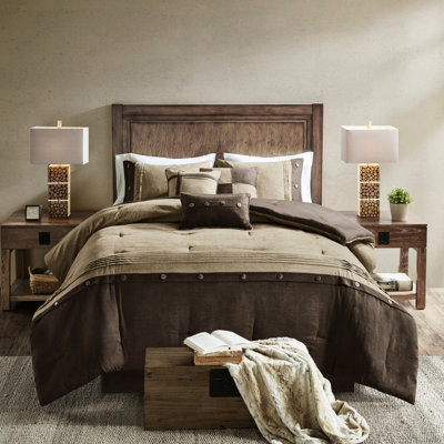 Édredon brun 7 pièces pour très grand lit - Faux suède, boutons décoratifs pour chalet, rembourrage, literie lavable à la machine