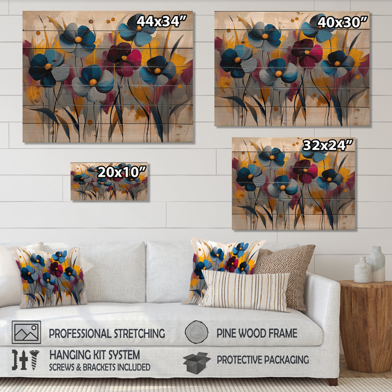 Red Blue Cornflower Blooms - Cornflowers Wood Wall Decor - On Natural Pine Wood, 10" H x 20" W x 0.78" D