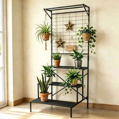 3-Tier Metal Plant Stand with Climbing Trellis & Hanging Grid, 78.75'' H, Indoor & Outdoor