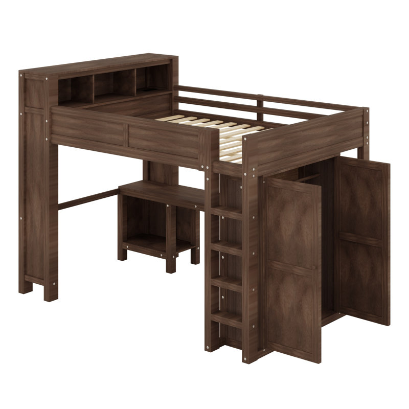 Lit mezzanine avec garde-robe intégré, bureau, tête de rangement et station de charge USB, idéal pour les petites chambres