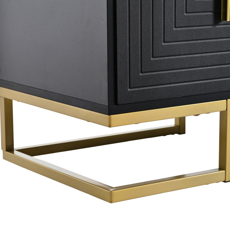 Black Tv Stand With Geometric Ornaments And Adjustable Shelves, Metal Legs Gold Handles For 80'' Tvs Feature