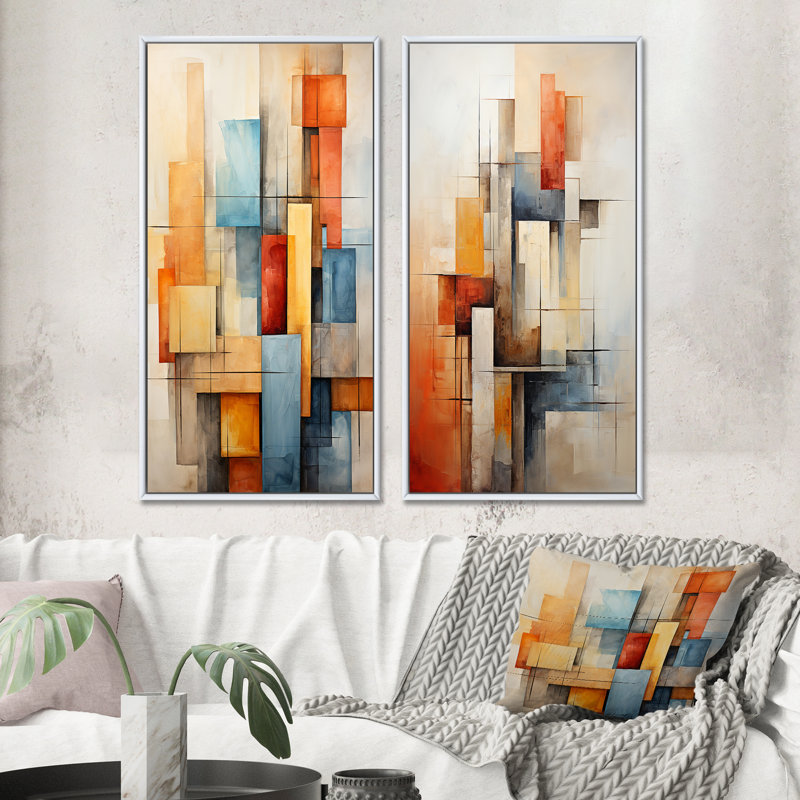 «Cubism Fragmented Perspectives», 2 pièces sur toile, Cadre blanc, H 20 po x l 24 po