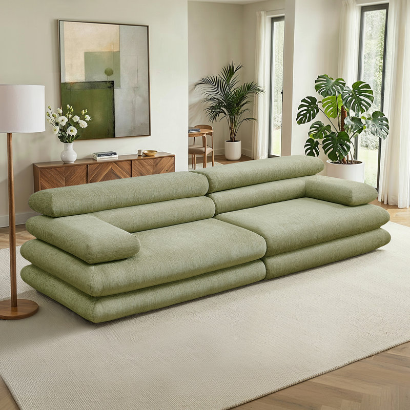 The Serenity 118'' Boneless Curved Sofa Linen-Blend Chenille A Fully Assembled, Green