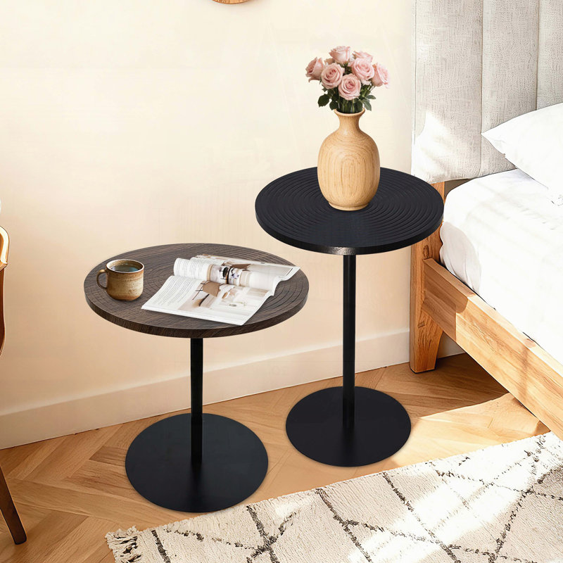 Ensemble de 2 tables d'appoint gigognes rondes à motif de cercles concentriques - brun noyer et noir