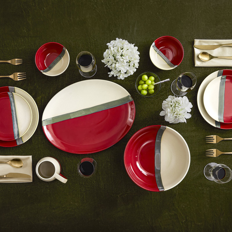Pasadizo Red and Cream Brushstroke Waves Pattern Western Rustic Lodge 16 Piece Ceramic Dinnerware Set