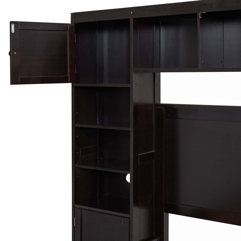 Lit en bois avec armoire et tablette tout-en-un, Lit double, Espresso