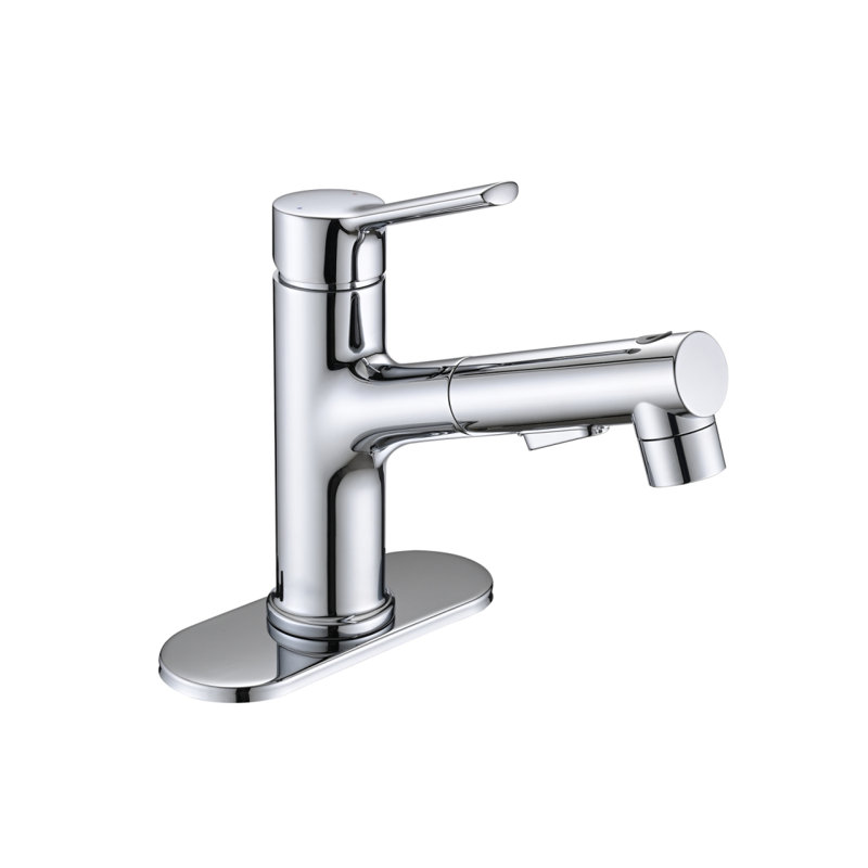 Robinet de lavabo de salle de bain avec douchette extractible, robinet de lavabo de salle de bain moderne à poignée simple avec bouchon de bonde escamotable et plaque de pont, chrome