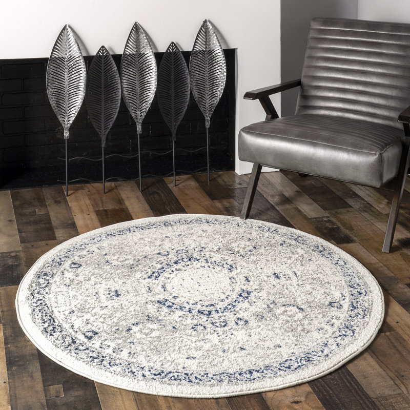 Kristine Power Loom Performance Oriental Blue Rug, Round 8'