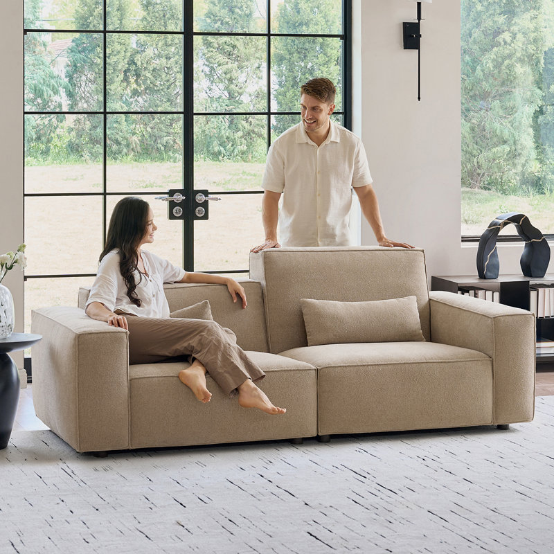 Broome Modern 92"W Height-Adjustable Backrest Upholstered Sofa with Pillows, Sand